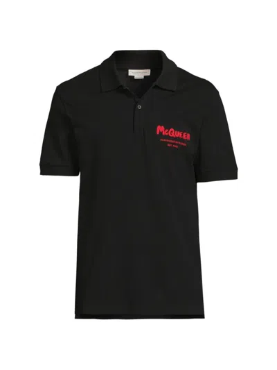 Alexander Mcqueen Men's Graffiti Logo-embroidered Cotton Polo Shirt In Black Lust Red
