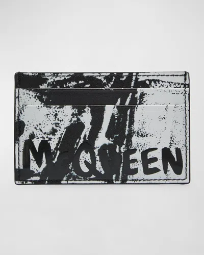 Alexander Mcqueen Men's Graffiti Logo Leather Card Holder In Blackwhite