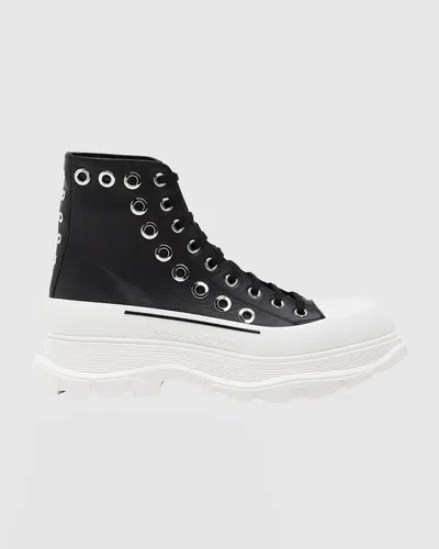 Alexander Mcqueen Men's Grommet Tread Slick Leather Lace-up Boots In Black White Silver