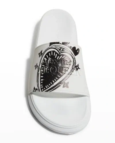Pre-owned Alexander Mcqueen Men's Heart-print Logo Pool Slide Sandals In White