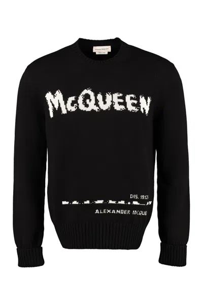 Alexander Mcqueen Graffiti Logo Intarsia Organic Cotton Sweater In Black