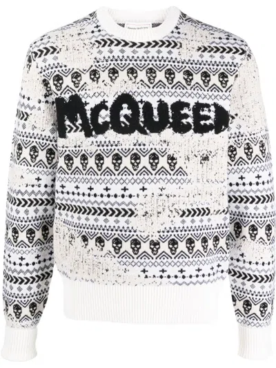 Alexander Mcqueen Fair Isle Graffiti Logo Wool Sweater In Ivory