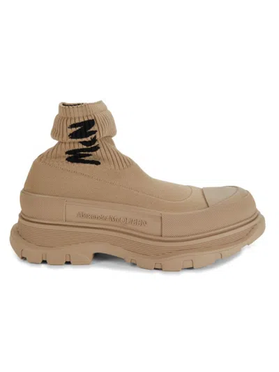 Alexander Mcqueen Mcqueen Men's Logo Rib-knit Sock Boots In Beige Black