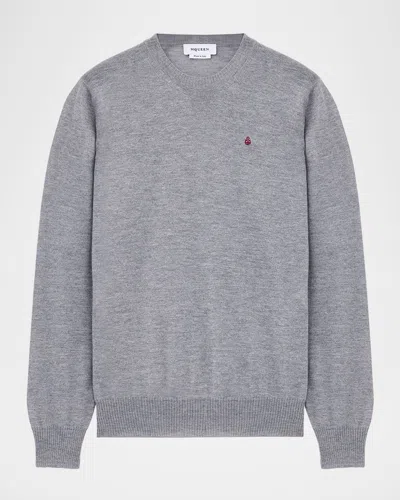 Alexander Mcqueen Men's Merino Wool Skull-embroidered Crewneck Sweater In Multi