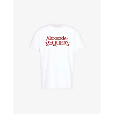 Alexander Mcqueen Mens Opticalwhite Logo-print Crewneck Cotton-jersey T-shirt