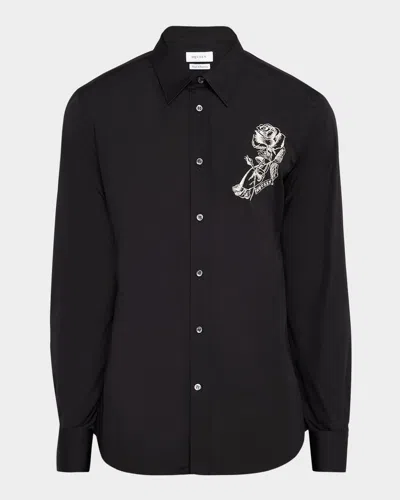Alexander Mcqueen Men's Poplin Rose-embroidered Dress Shirt In Black