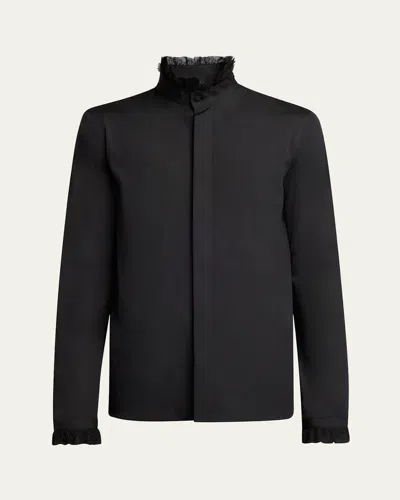 Alexander Mcqueen Men's Poplin Ruffle-trim Button-down Shirt In Black