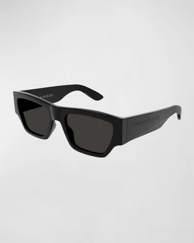 Alexander Mcqueen Men's Rectangle Acetate Sunglasses With Wide Tapered Arms In Black