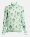 Alexander Mcqueen Men's Silk Chiffon Skull Ruffle-trim Long-sleeve Shirt In Green