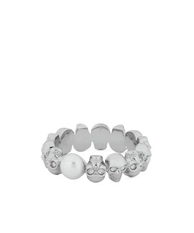 ALEXANDER MCQUEEN MEN'S SKULL AND PEARL RING IN PALLADIUM