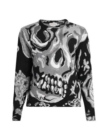 Alexander Mcqueen Men's Wax Floral Skull Jacquard Sweater In Black Silver