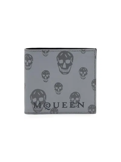 Alexander Mcqueen Men's Skull Leather Bifold Wallet In Gray
