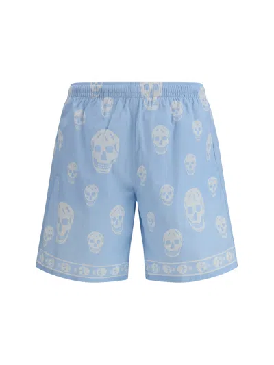 Alexander Mcqueen Men Bermuda Shorts With Skull Print In Blue