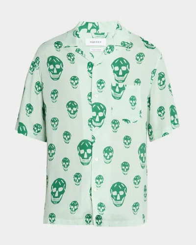 Alexander Mcqueen Men's Skulls Crepe De Chine Camp Shirt In Green