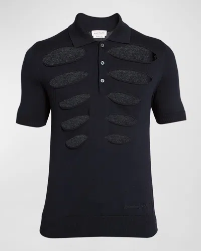 Alexander Mcqueen Men's Slit Cotton Polo Shirt In Black