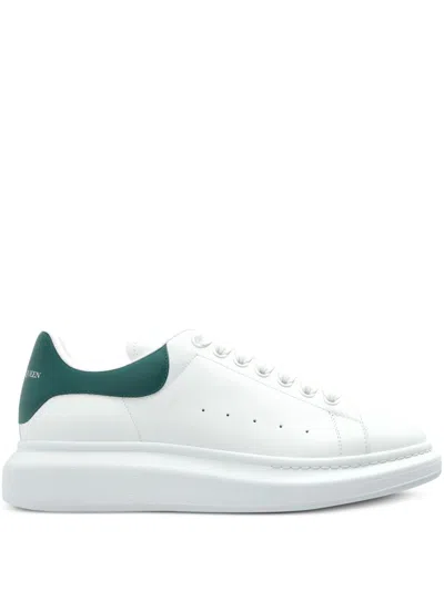 Alexander Mcqueen White Leather Sneakers With Dark Green Leather Heel In Multi