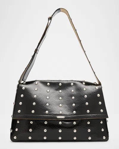 Alexander Mcqueen Large Slouch Studded Crackled Leather Messenger Bag In Blacksilver