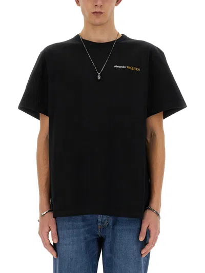 Alexander Mcqueen Men T-shirt With Embroidered Logo In Black