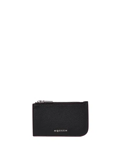 Alexander Mcqueen Light Blue Leather Card Holder In Black