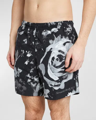 Alexander Mcqueen Wax Flower Swim Shorts In Black