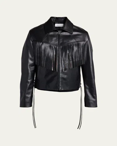 Alexander Mcqueen Men's Western Fringe-trim Leather Jacket In Black