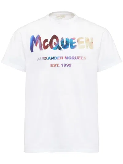 Alexander Mcqueen Men's White Logo-print Cotton T-shirt