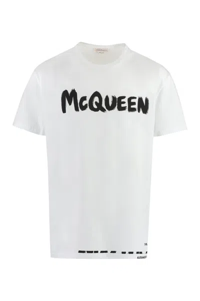 Alexander Mcqueen Graffiti Logo Cotton T-shirt For Men In White
