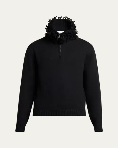 Alexander Mcqueen Men's Wool Fringe-collar Quarter-zip Sweater In Black