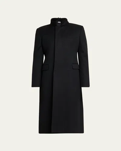 Alexander Mcqueen Men's Wool Stripe Collar-tie Overcoat In Black