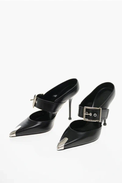 Alexander Mcqueen Leather Pointed Heel With Metal Accent In Black