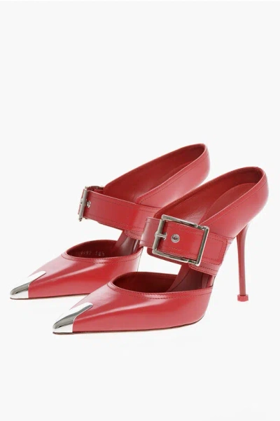 Alexander Mcqueen Metal Toe Boxcar Leather Mules With Buckle 11cm In Red