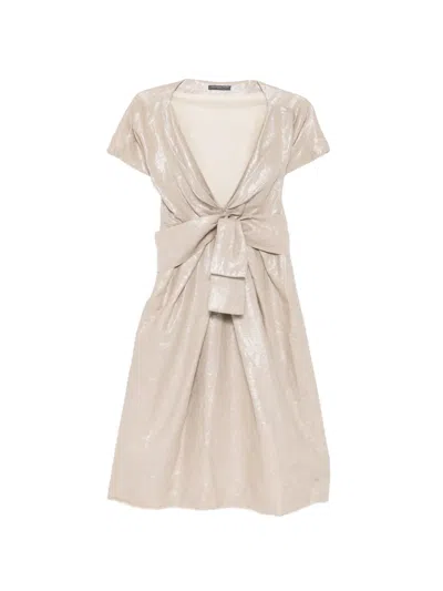 Pre-owned Alexander Mcqueen Metallic Gold Draped Linen Midi Dress