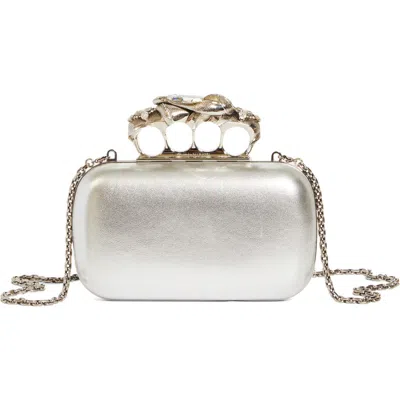 Alexander Mcqueen Metallic Leather Four-ring Box Clutch In Silver