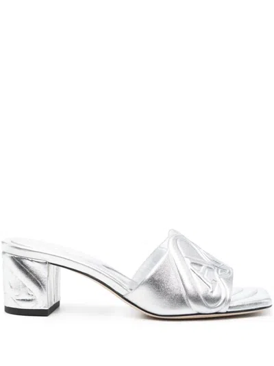 Alexander Mcqueen Metallic Leather Heel Sandals In Silver