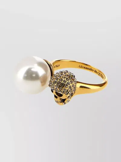Alexander Mcqueen Metallic Skull Pearl Ring In Yellow