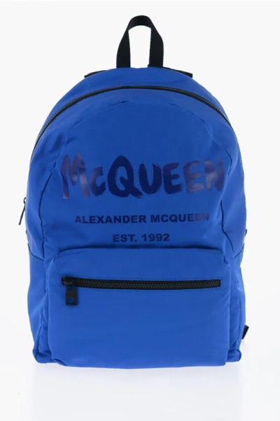 Alexander Mcqueen Metropolitan Backpack With Printed Ton-sur-ton Logo In Blue