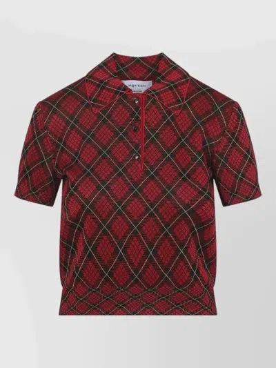 Alexander Mcqueen Microcheck Polo Shirt Lurex Collar Detail In Red