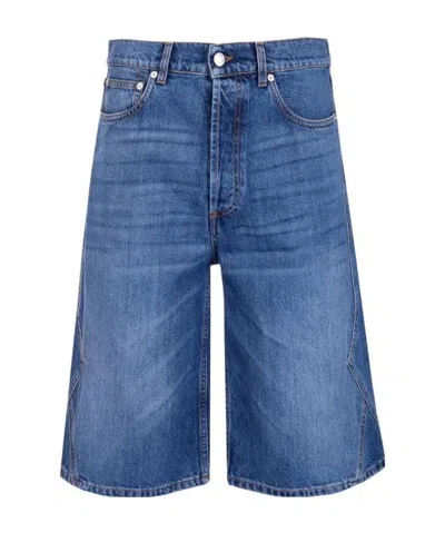 Alexander Mcqueen Mid-rise Knee-length Denim Shorts In Blue