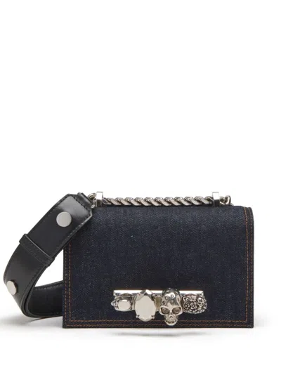 Alexander Mcqueen Mini Jewelled Denim Satchel Bag In Blu