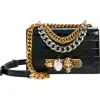 Alexander Mcqueen Mini Jeweled Croc Embossed Leather Satchel In Black