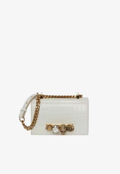 Alexander Mcqueen Mini Jeweled Croc-embossed Leather Crossbody Bag In White