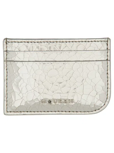 Alexander Mcqueen Mini Leather Card Holder For Women In Silver