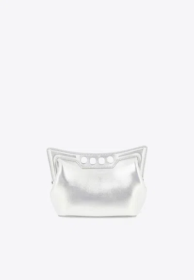 Alexander Mcqueen Mini Peak Clutch In Metallic Leather In Silver