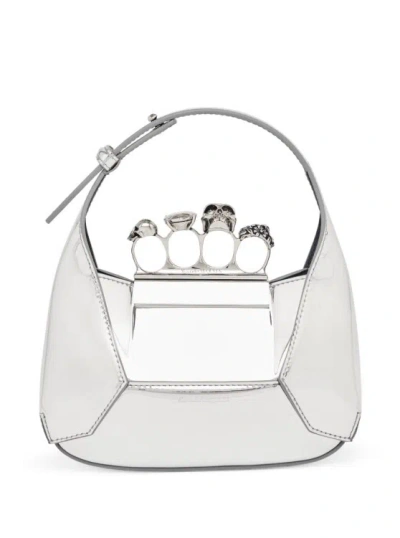 ALEXANDER MCQUEEN ALEXANDER MCQUEEN MINI SILVER HOBO BAG WITH FOUR RINGS DETAIL IN METALLIC FABRIC