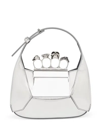 ALEXANDER MCQUEEN MINI SILVER HOBO BAG WITH FOUR RINGS DETAIL IN METALLIC FABRIC WOMAN