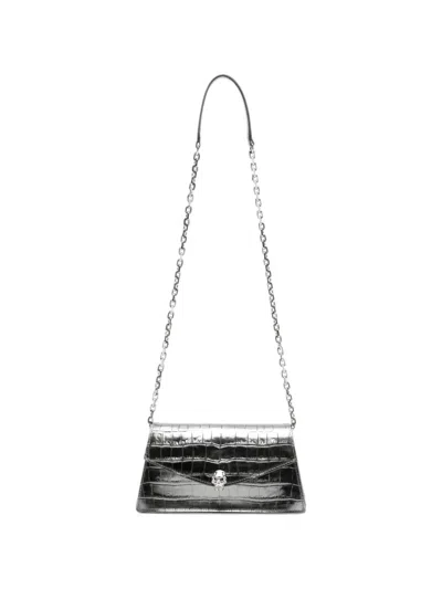 Alexander Mcqueen Mini Skull Croc-effect Shoulder Bag In Silver