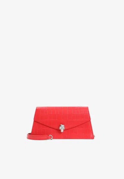 Alexander Mcqueen Mini Skull Croc-embossed Leather Shoulder Bag In Red