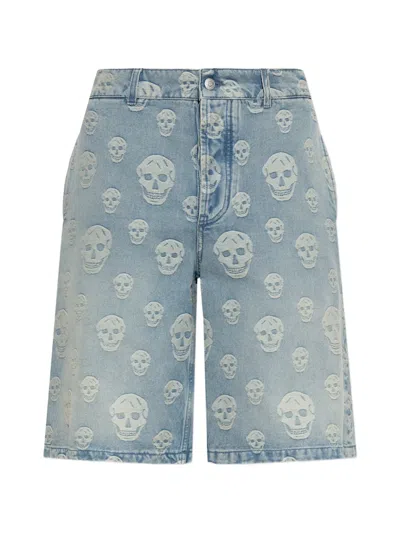 Alexander Mcqueen Monogram Denim Shorts In Blue