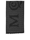 Alexander Mcqueen Multi-logo Wool Scarf With Fringed Edges In Black