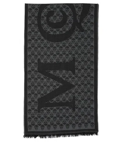 Alexander Mcqueen Multi-logo Wool Scarf With Fringed Edges In Black